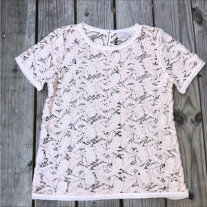 LOFT blush pink floral lace macrame short sleeve blouse size SMALL sheer